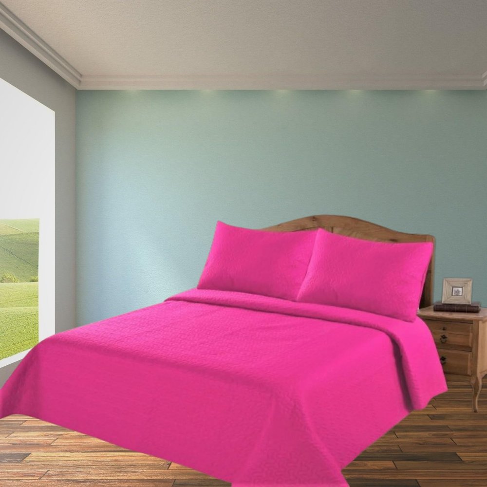 2/3 Piece Set Reversible Hotel Quilt Bedspread Lightweight Stitch Pattern Solid Color Quilt and Pillow Sham (Queen, Hot Pink) Nena