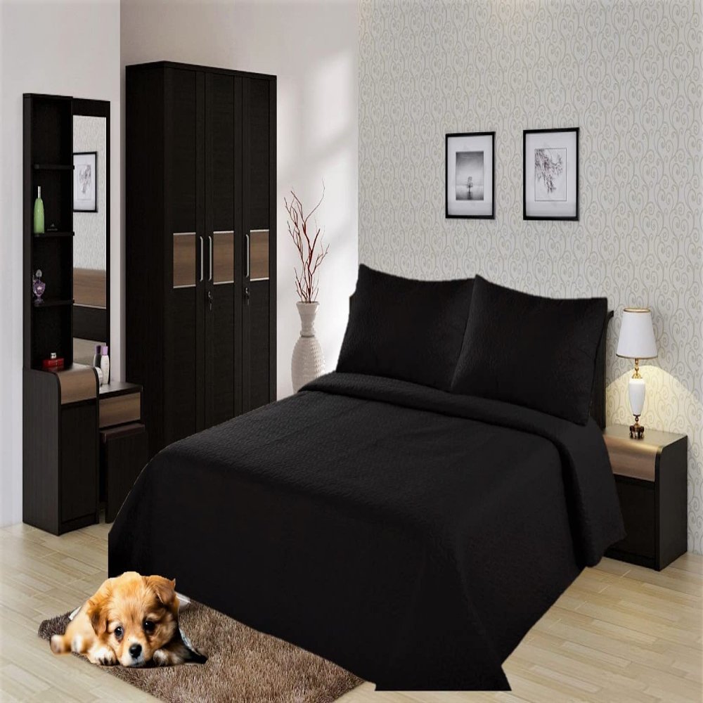 2/3 Piece Set Reversible Hotel Quilt Bedspread Lightweight Stitch Pattern Solid Color Quilt and Pillow Sham (Queen, Black Onix) Nena