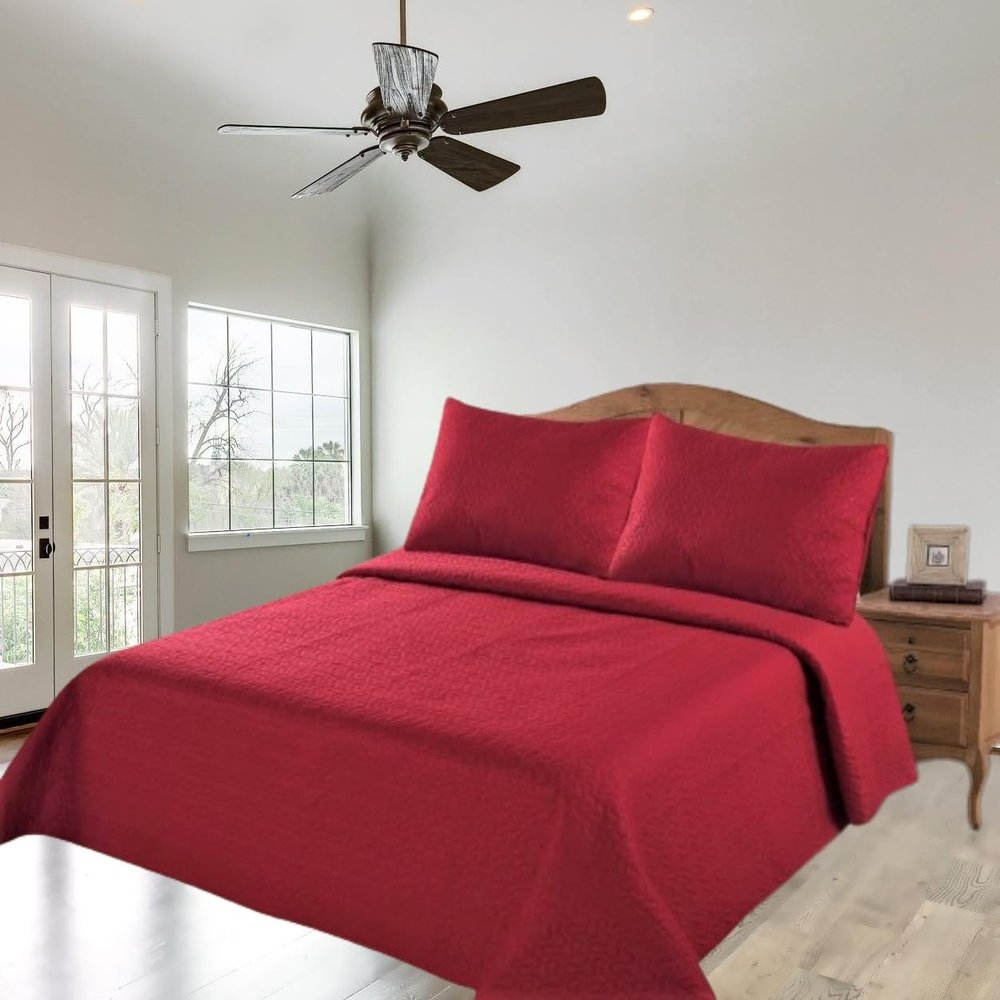 2/3 Piece Set Reversible Hotel Quilt Bedspread Lightweight Stitch Pattern Solid Color Quilt and Pillow Sham (King, Red) Nena