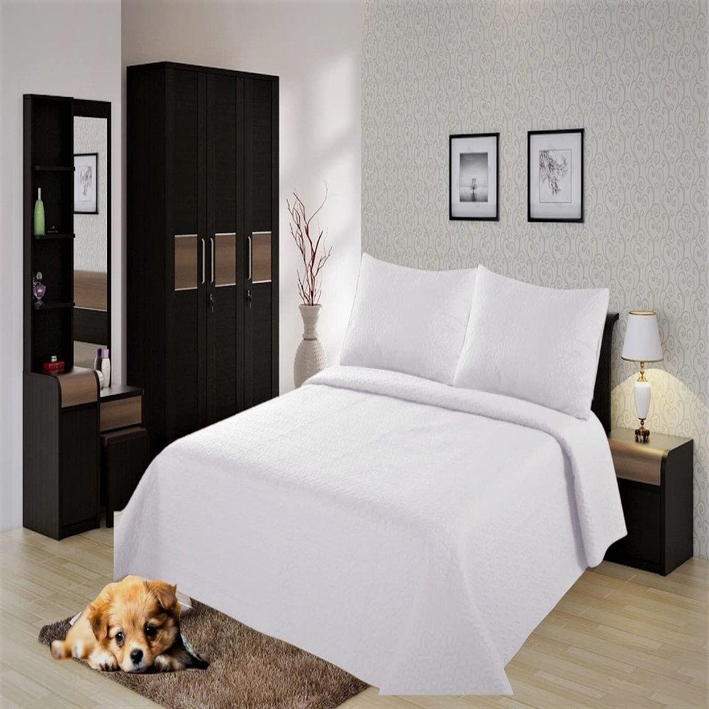 2/3 Piece Set Reversible Hotel Quilt Bedspread Lightweight Stitch Pattern Solid Color Quilt and Pillow Sham (King, White Pure)