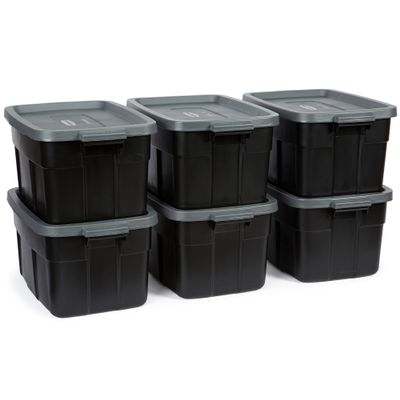 Rubbermaid Heavy Duty Black Storage Bins Plastic Totes with Lids for Storage, Stackable, Large Capacity, Durable, Multipurpose, 14 GAL, 6 Pack (14 GAL - 6 Pack Solid Black and Grey)