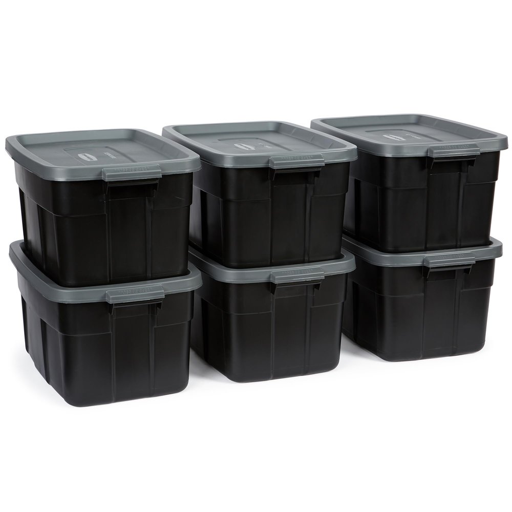 Rubbermaid Heavy Duty Black Storage Bins Plastic Totes with Lids for Storage, Stackable, Large Capacity, Durable, Multipurpose, 14 GAL, 6 Pack (14 GAL - 6 Pack Solid Black and Grey)