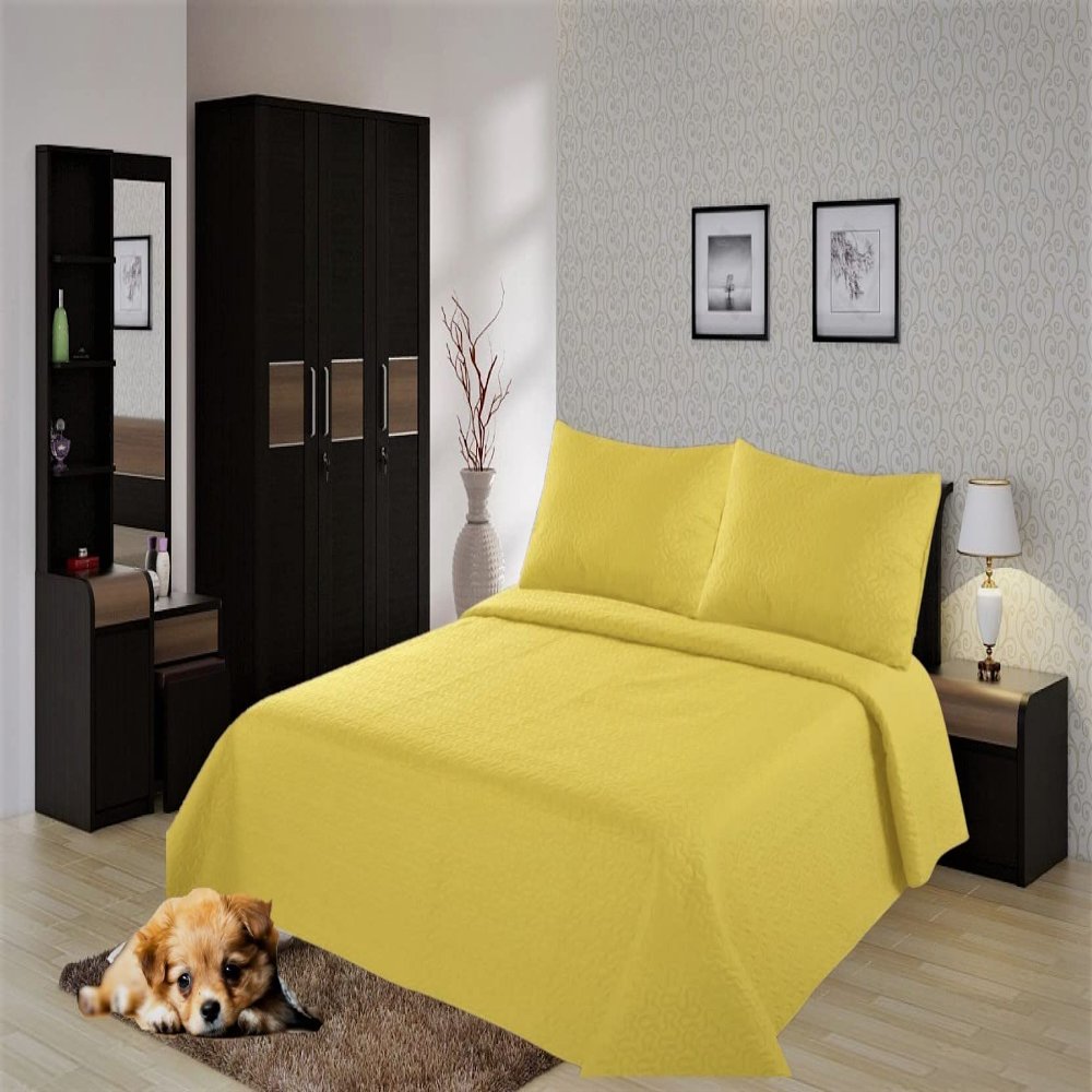 2/3 Piece Set Reversible Hotel Quilt Bedspread Lightweight Stitch Pattern Solid Color Quilt and Pillow Sham (Twin, Yellow Canary)