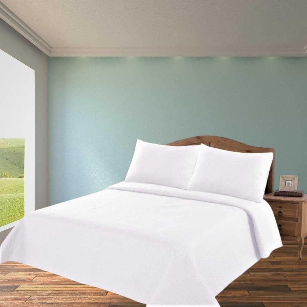 2/3 Piece Set Reversible Hotel Quilt Bedspread Lightweight Stitch Pattern Solid Color Quilt and Pillow Sham (Queen, White Pure) Nena