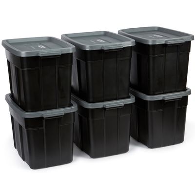 Rubbermaid 18 GAL 6 Pack Garage Storage Bins with Stackable Lid, Heavy Duty - Made in USA - Extreme Temperature Resistant, Durable Plastic Containers with Handles - Solid Black and Grey