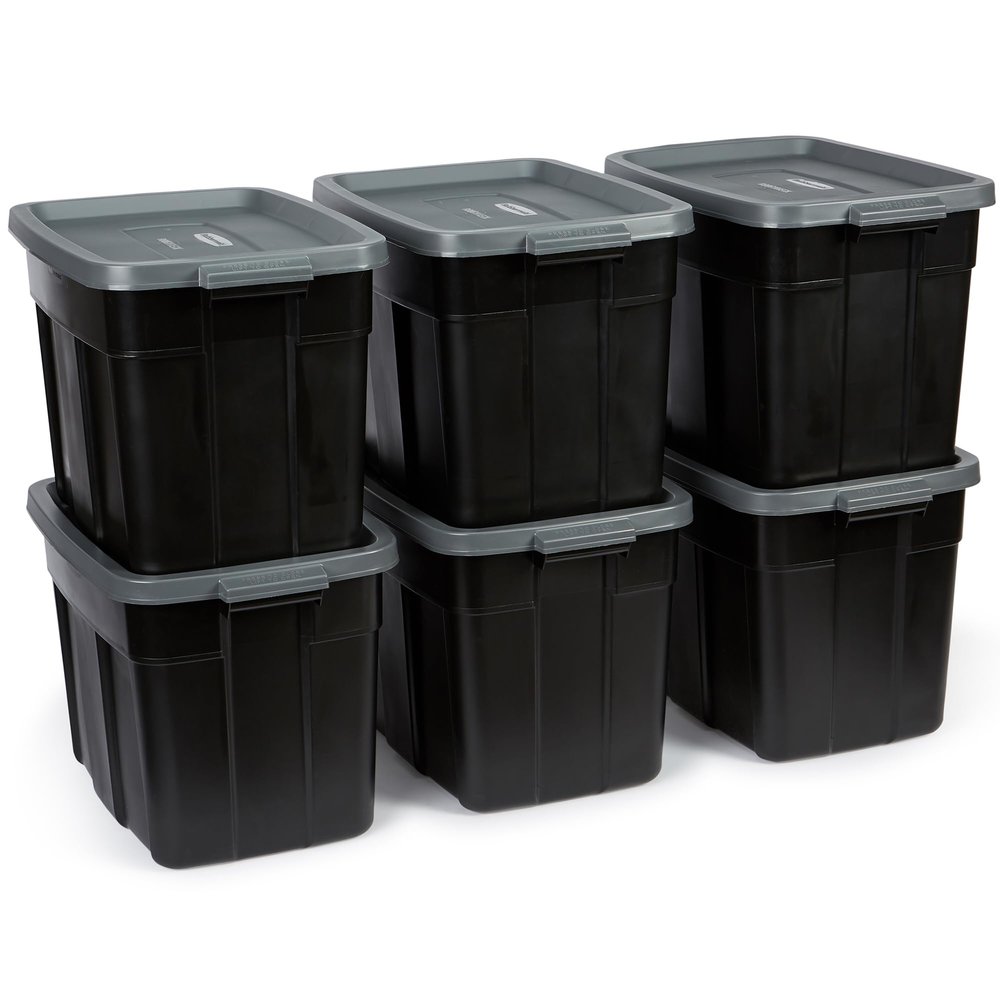 Rubbermaid 18 GAL 6 Pack Garage Storage Bins with Stackable Lid, Heavy Duty - Made in USA - Extreme Temperature Resistant, Durable Plastic Containers with Handles - Solid Black and Grey