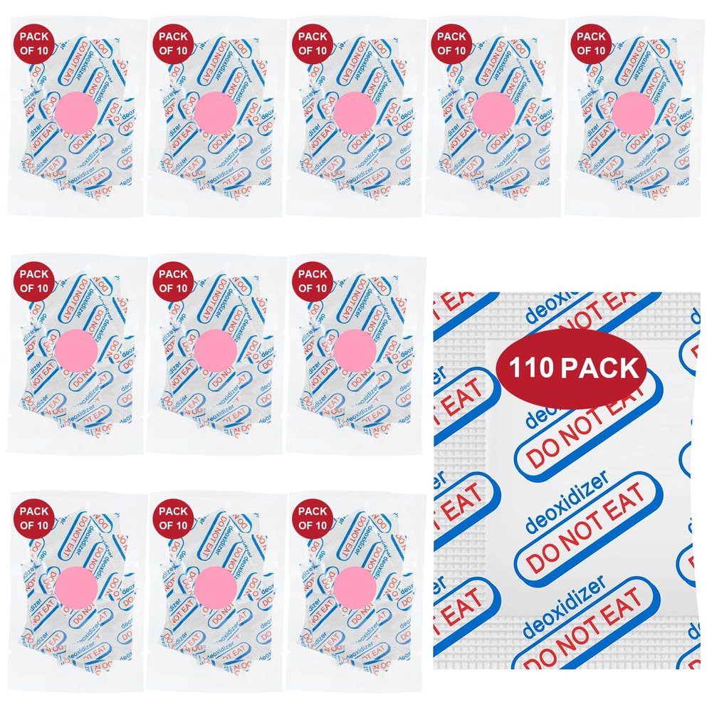 LinsKind 110 Packs 500CC Food Grade Oxygen Absorbers 10 Packs in Individual Vacuum Bag11x Packs of 10), Oxygen Absorbers for Food Storage, with Oxygen Indicator, for Mylar Bags, Mason Jars,Canning