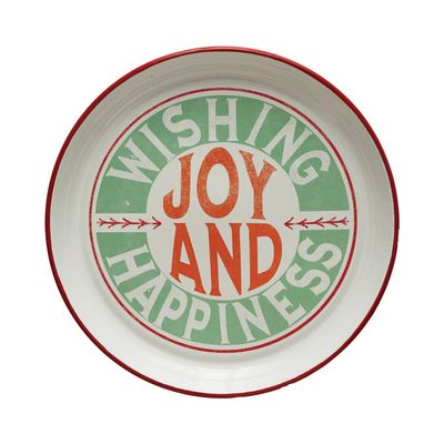 Creative Co-Op Round Enameled Tray with Red Rim "Wishing Joy And Happiness" Message, Multicolor