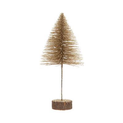 Creative Co-Op Plastic Bottle Brush Tree with Glitter and Wood Slice Base, Champagne