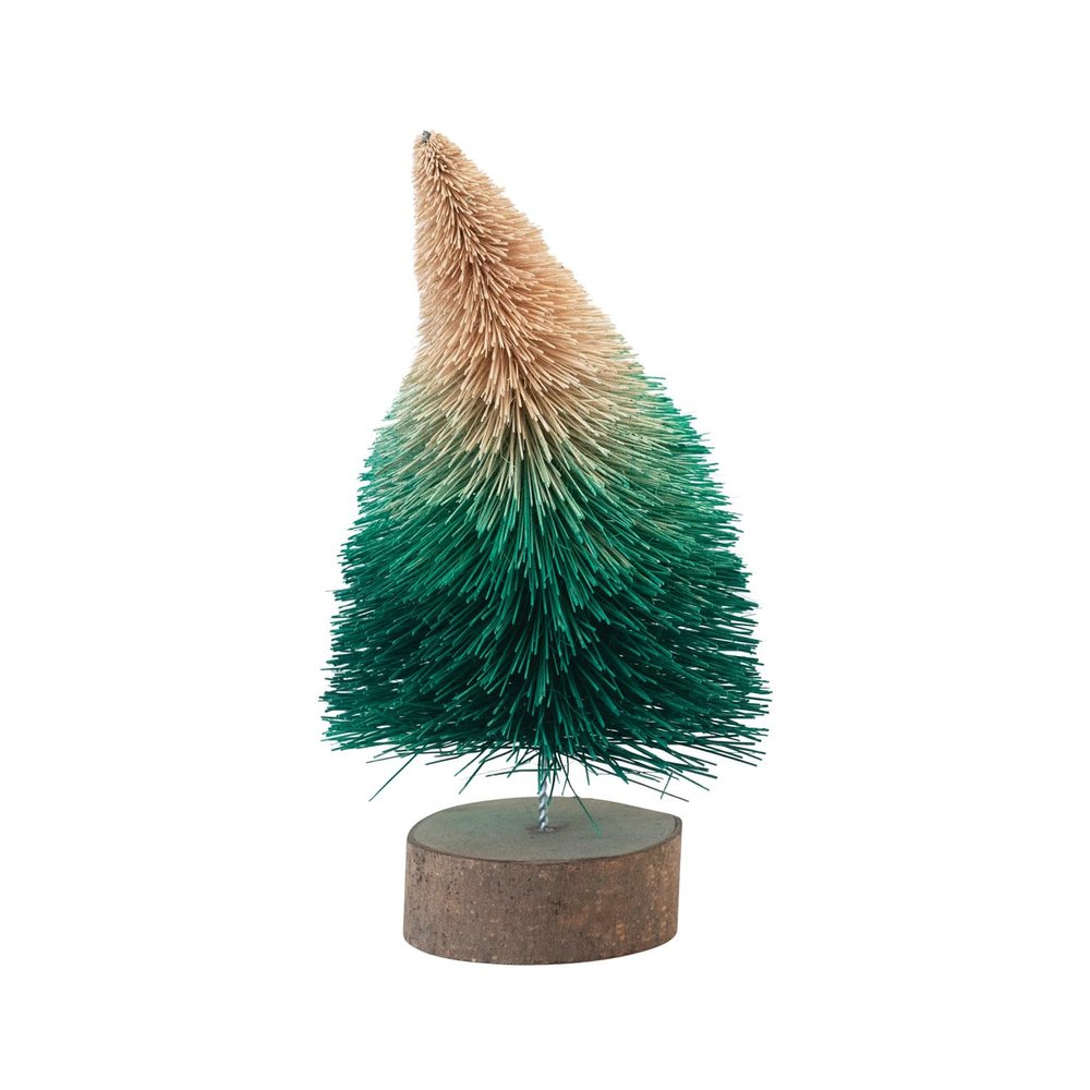 Curved Sisal Bottle Brush Tree with Wood Base, Green Ombre