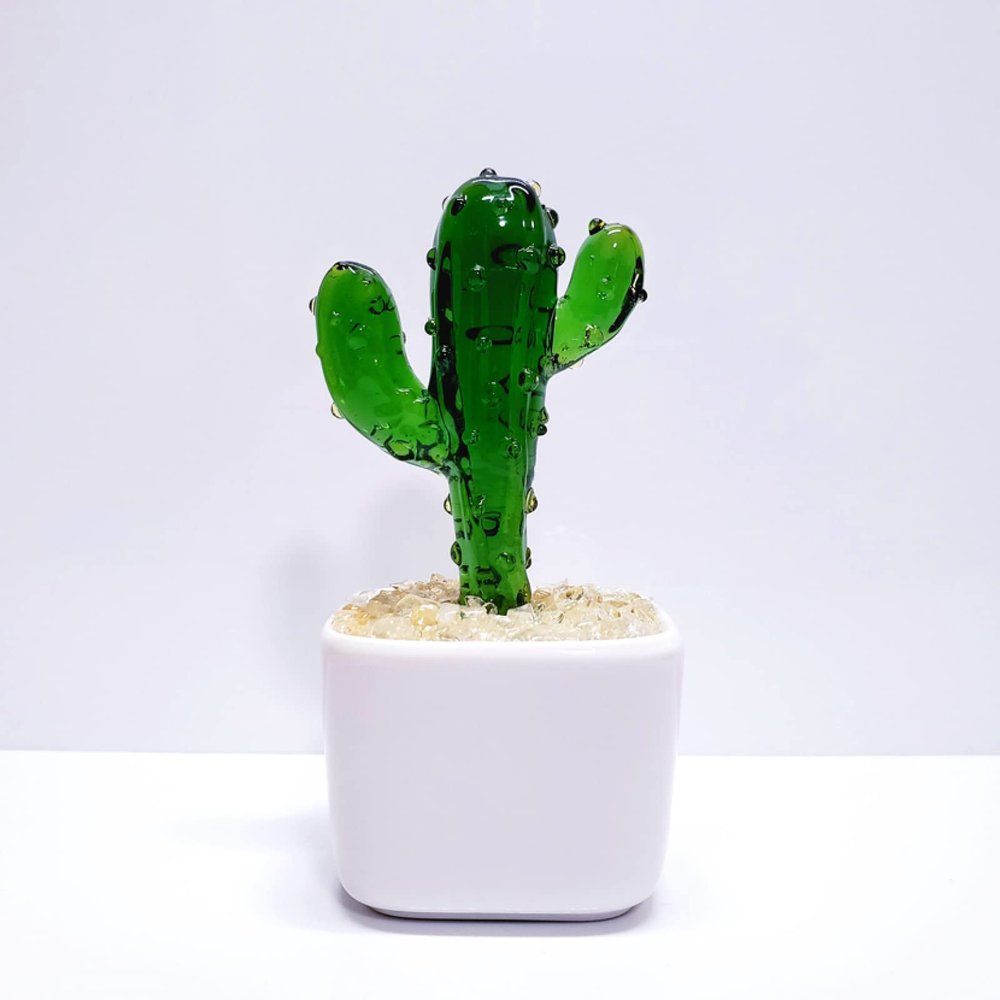 DECRZPB Coloured Glaze Handmade Glass Green Cactus Figurine Blown Crystal Glass Birthday Gift Table Ornaments Home Decor