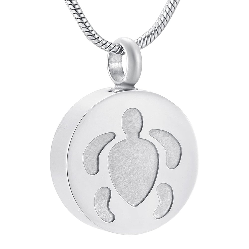 SHEIL Etching SeaTurtles&Round Shape Stainless Steel Cremation Jewelry Pendants Hold Pet Funeral Ashes Keepsake Urn Necklace