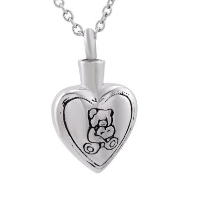 SHEIL Bear in My Heart Stainless Steel Memorial Urn Necklace Loss of Pet Casket Keepsake Jewelry for Cremation Ashes-Engravable