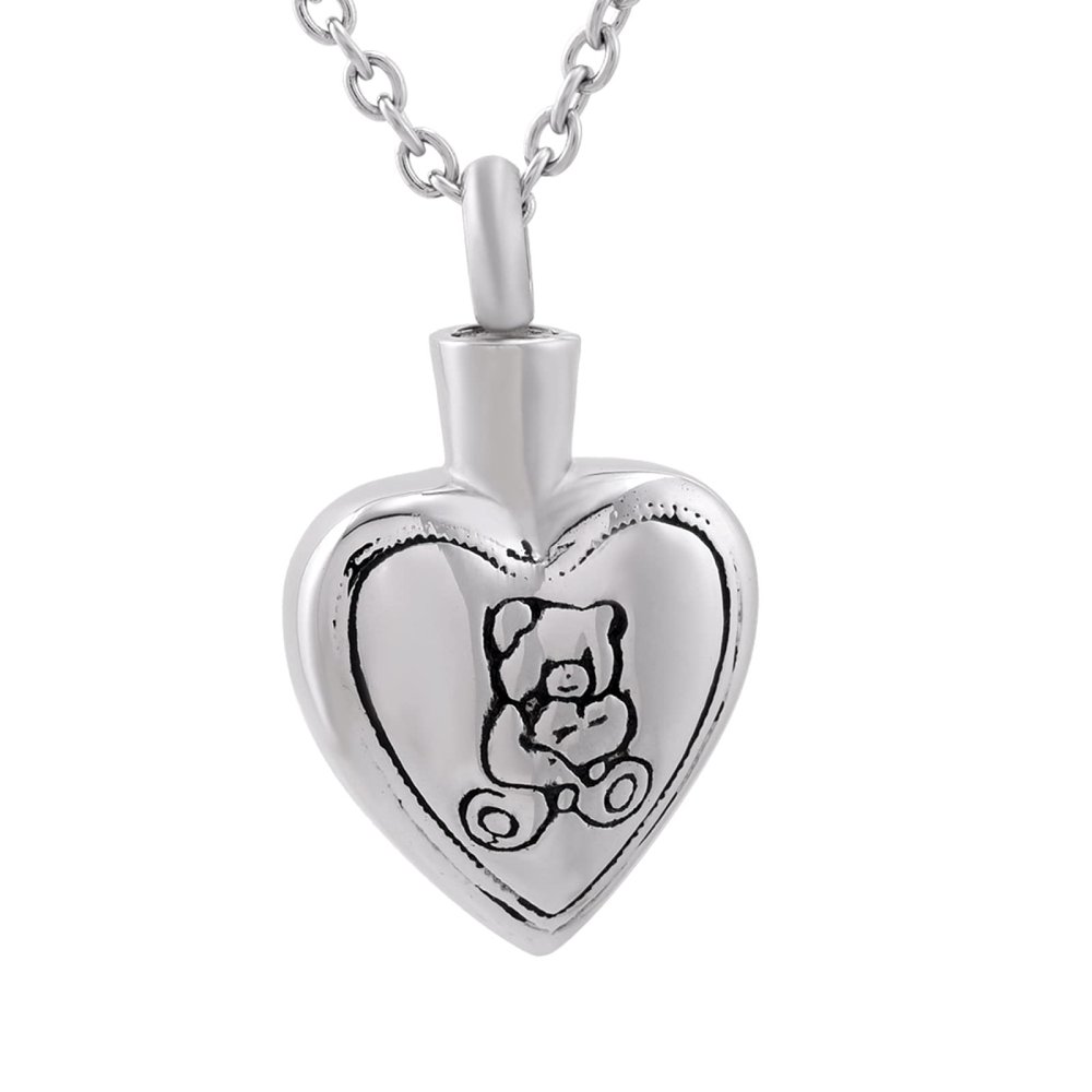 SHEIL Bear in My Heart Stainless Steel Memorial Urn Necklace Loss of Pet Casket Keepsake Jewelry for Cremation Ashes-Engravable