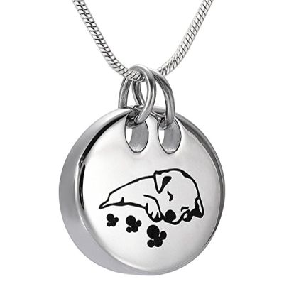 SHEIL Sleeping Dog Cremation Necklace Round Shape Stainless Steel Pet Memorial Urn Pendant Funeral Keepsake Jewelry for Ashes