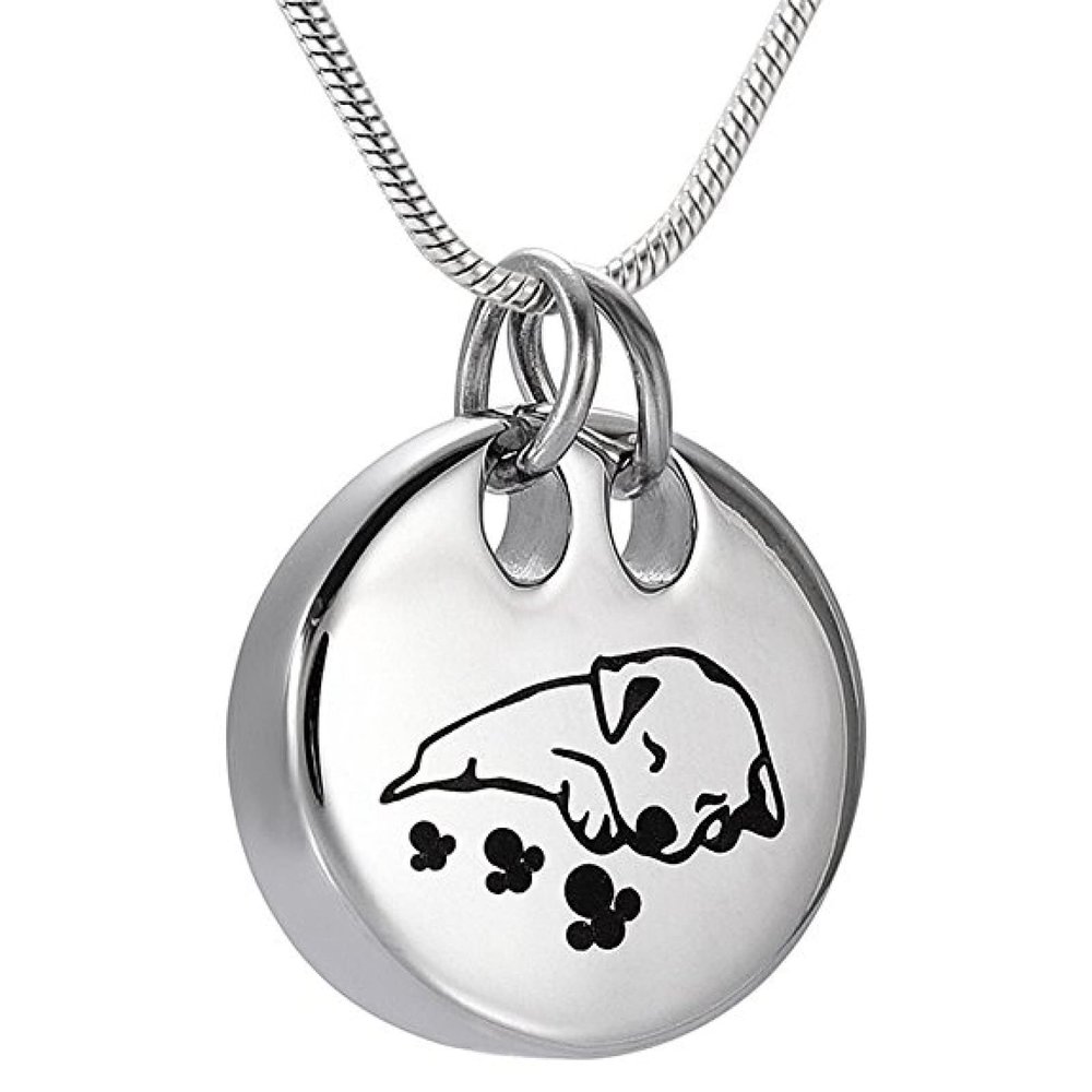 SHEIL Sleeping Dog Cremation Necklace Round Shape Stainless Steel Pet Memorial Urn Pendant Funeral Keepsake Jewelry for Ashes