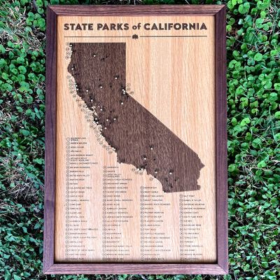 California State Parks push pin map - framed wooden travel tracker map of the California State Parks system with brass pins