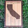 California State Parks push pin map - framed wooden travel tracker map of the California State Parks system with brass pins view 1