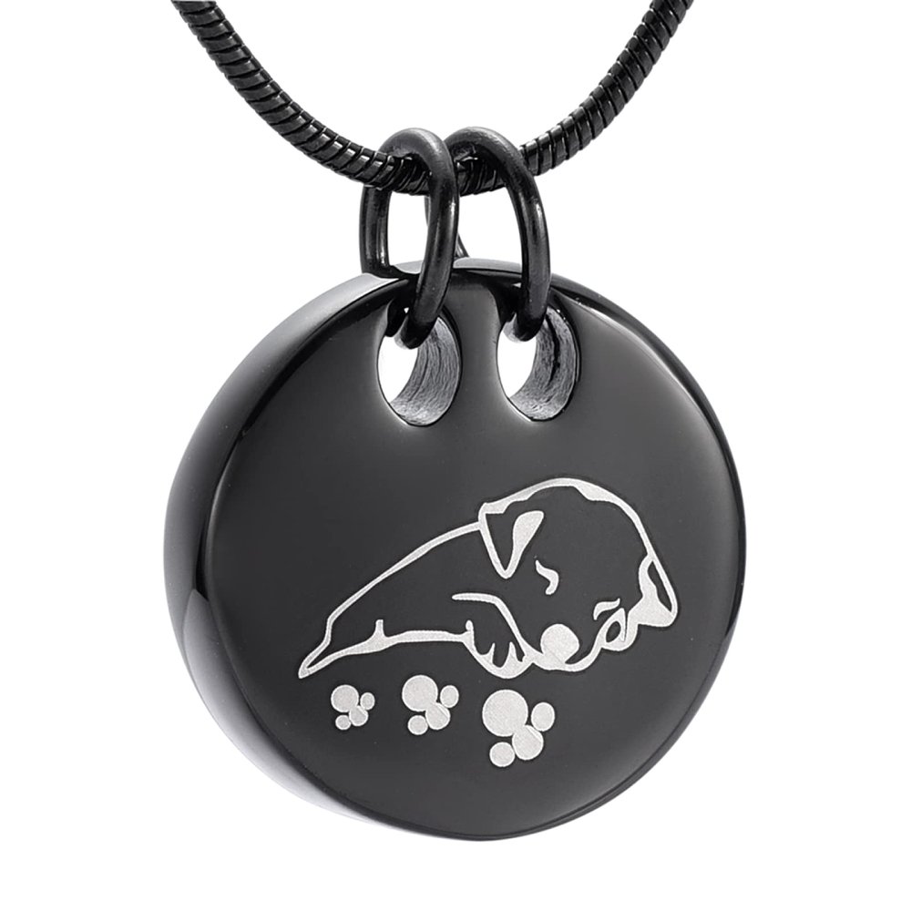 SHEIL Sleeping Dog Cremation Necklace Round Shape Stainless Steel Pet Memorial Urn Pendant Funeral Keepsake Jewelry for Ashes