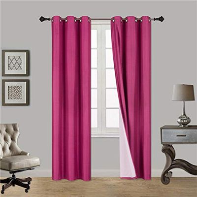 2 Piece Faux Silk Window Blackout Curtain Solid Pattern with Bronze Antique Grommet Energy Efficient Adam Size 63" 84" 95" and 108" Long (108" Extra Long, Hot Pink Fuchsia)