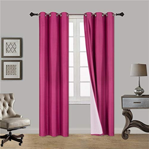2 Piece Faux Silk Window Blackout Curtain Solid Pattern with Bronze Antique Grommet Energy Efficient Adam Size 63" 84" 95" and 108" Long (108" Extra Long, Hot Pink Fuchsia)