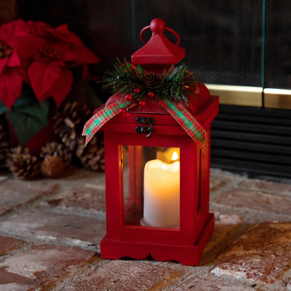 Alpine Corporation 14" Christmas Lantern with Warm White LED Candle Lights Holiday Decor, Red