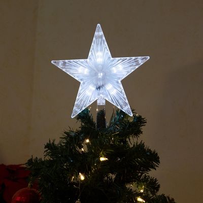 Alpine Corporation 8" H Flashing 5-Point Star Tree Topper with 31 Cool White LED Lights, Christmas Decoration