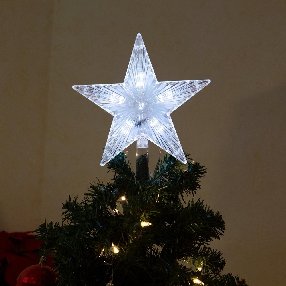 Alpine Corporation 8" H Flashing 5-Point Star Tree Topper with 31 Cool White LED Lights, Christmas Decoration