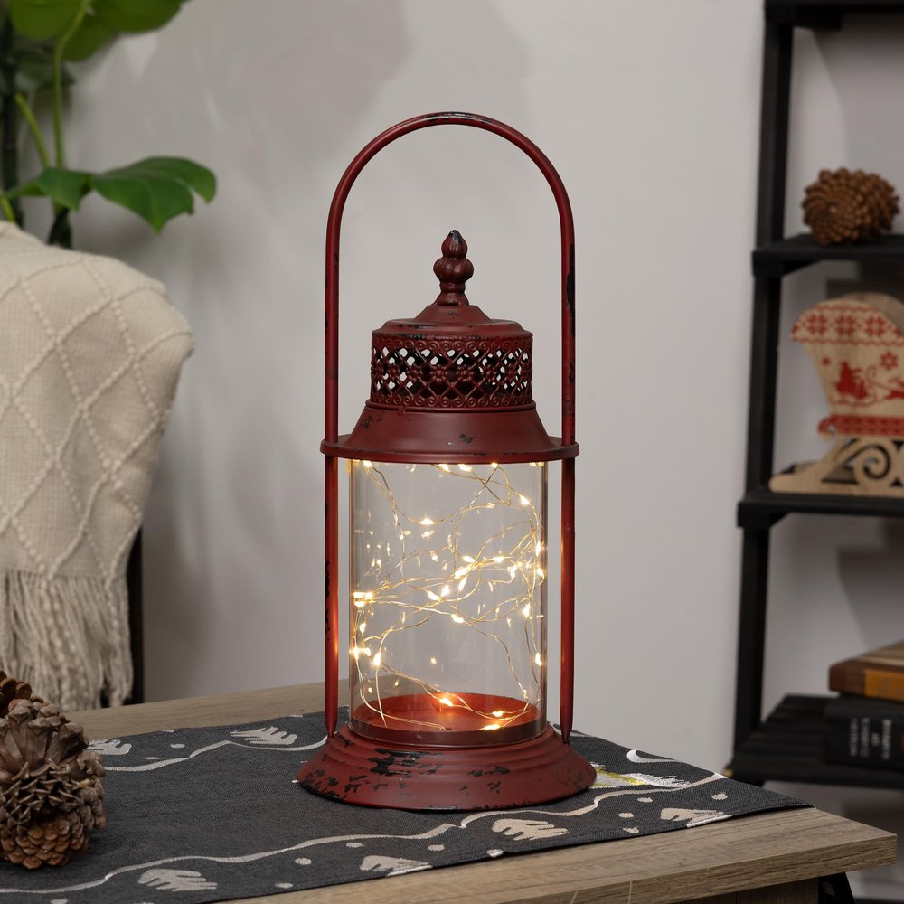 Alpine Corporation Antique Metal & Glass Lantern with Warm LED Lights, Red , Christmas Decoration
