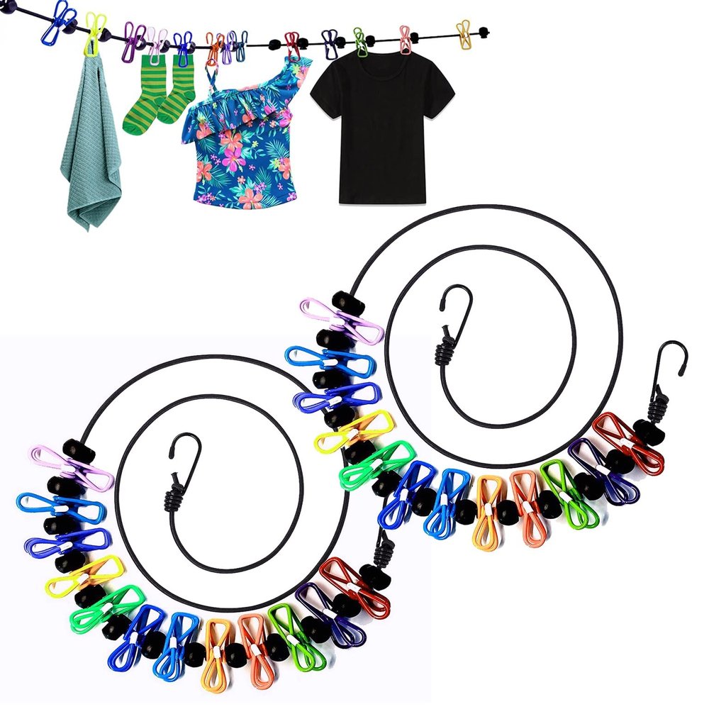 2 Pack Portable Clothesline with 12 Clothespins, Windproof Travel Clothesline Stretchy Retractable Elastic Laundry Clothes Line for Backyard, Vacation Hotel, Balcony Clothes Drying Line