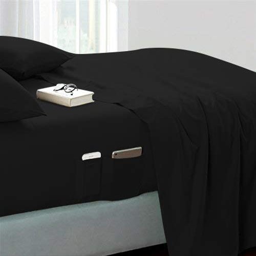 100% Egyptian Cotton 4-Piece Bedding Sheet Set,Luxurious,Soft & Durable,15 Inch,Sheet & Pillowcase Set,Fitted Bed Sheets with Side Storage Pockets Twin Size Black