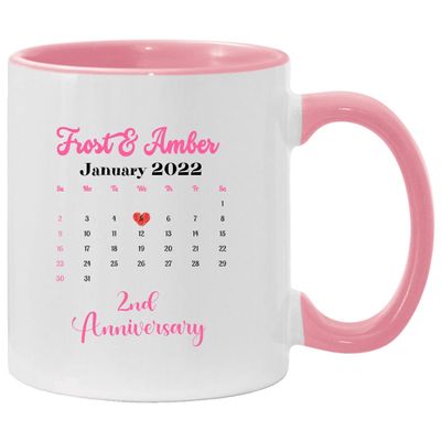2nd Wedding Anniversary Mug Personalized, Calendar Mug Custom Name Mr And Mrs Frost & Amber Accent Mug 11oz Pink