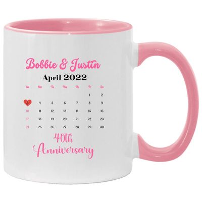 40th Wedding Anniversary Mug Personalized, Calendar Mug Custom Name Mr And Mrs Bobbie & Justin Accent Mug 11oz Pink