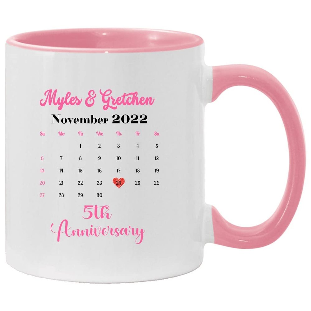 5th Wedding Anniversary Mug Personalized, Calendar Mug Custom Name Mr And Mrs Myles & Gretchen Accent Mug 11oz Pink