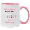 5th Wedding Anniversary Mug Personalized, Calendar Mug Custom Name Mr And Mrs Myles & Gretchen Accent Mug 11oz Pink view 1