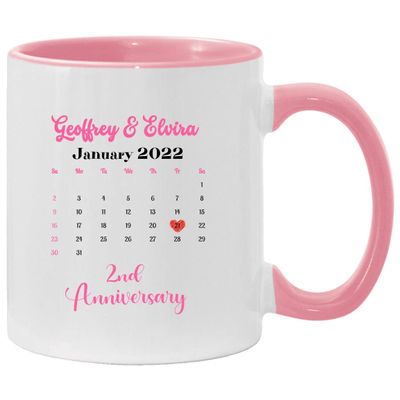 2nd Wedding Anniversary Mug Personalized, Calendar Mug Custom Name Mr And Mrs Geoffrey & Elvira Accent Mug 11oz Pink