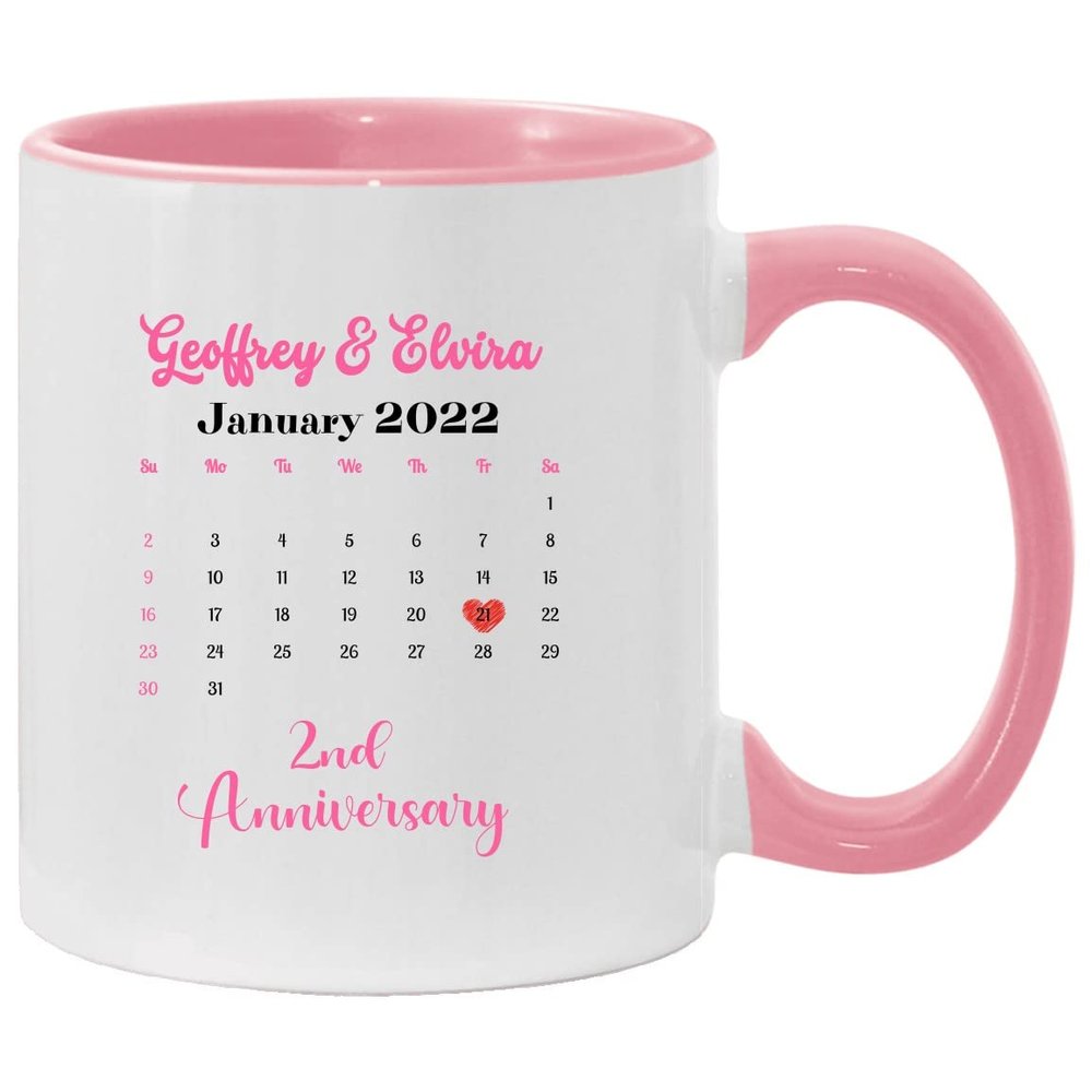 2nd Wedding Anniversary Mug Personalized, Calendar Mug Custom Name Mr And Mrs Geoffrey & Elvira Accent Mug 11oz Pink