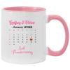 2nd Wedding Anniversary Mug Personalized, Calendar Mug Custom Name Mr And Mrs Geoffrey & Elvira Accent Mug 11oz Pink view 1