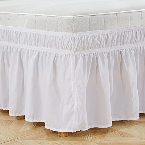 Konsilsa Wrap Around Bed Skirts, Full Twin Queen King Elastic Bed Ruffles Dust Ruffled Bed Skirts Pleated Dust Ruffle Around Elastic Solid Three Fabric Sides Wrap Pleated Dust Ruffle