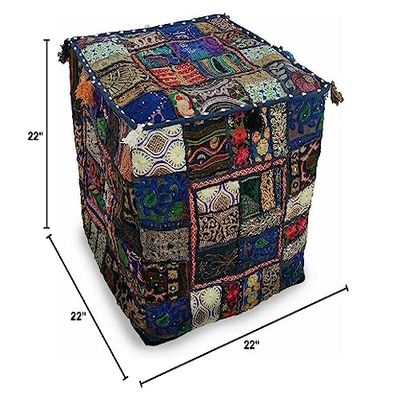 Rajasthani Print Handmade Vintage Home Decor Designers Khambari Square Pouf Cover (22 x 22 x 22 Inches)