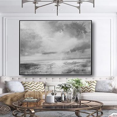 100% Handmade Gray abstract simple White landscape artwork modern oil painting for office living room as a gift 72" x 72"