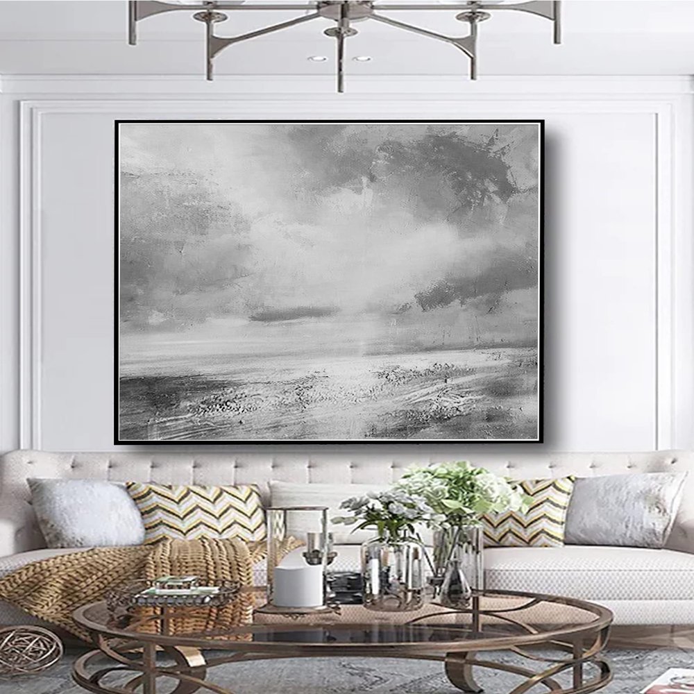100% Handmade Gray abstract simple White landscape artwork modern oil painting for office living room as a gift 72" x 72"