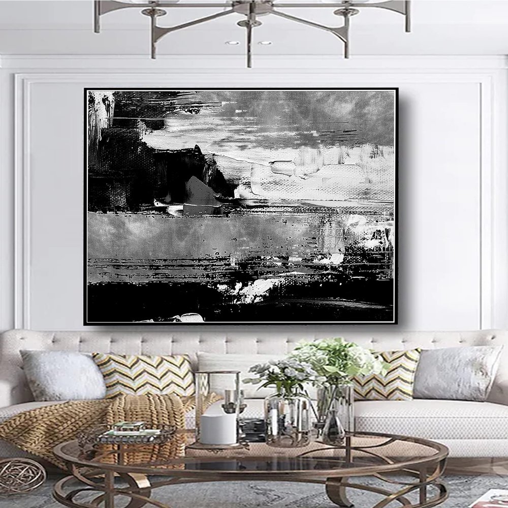 100% Handmade Gray abstract simple White landscape artwork modern oil painting for office living room as a gift 40" x 40"