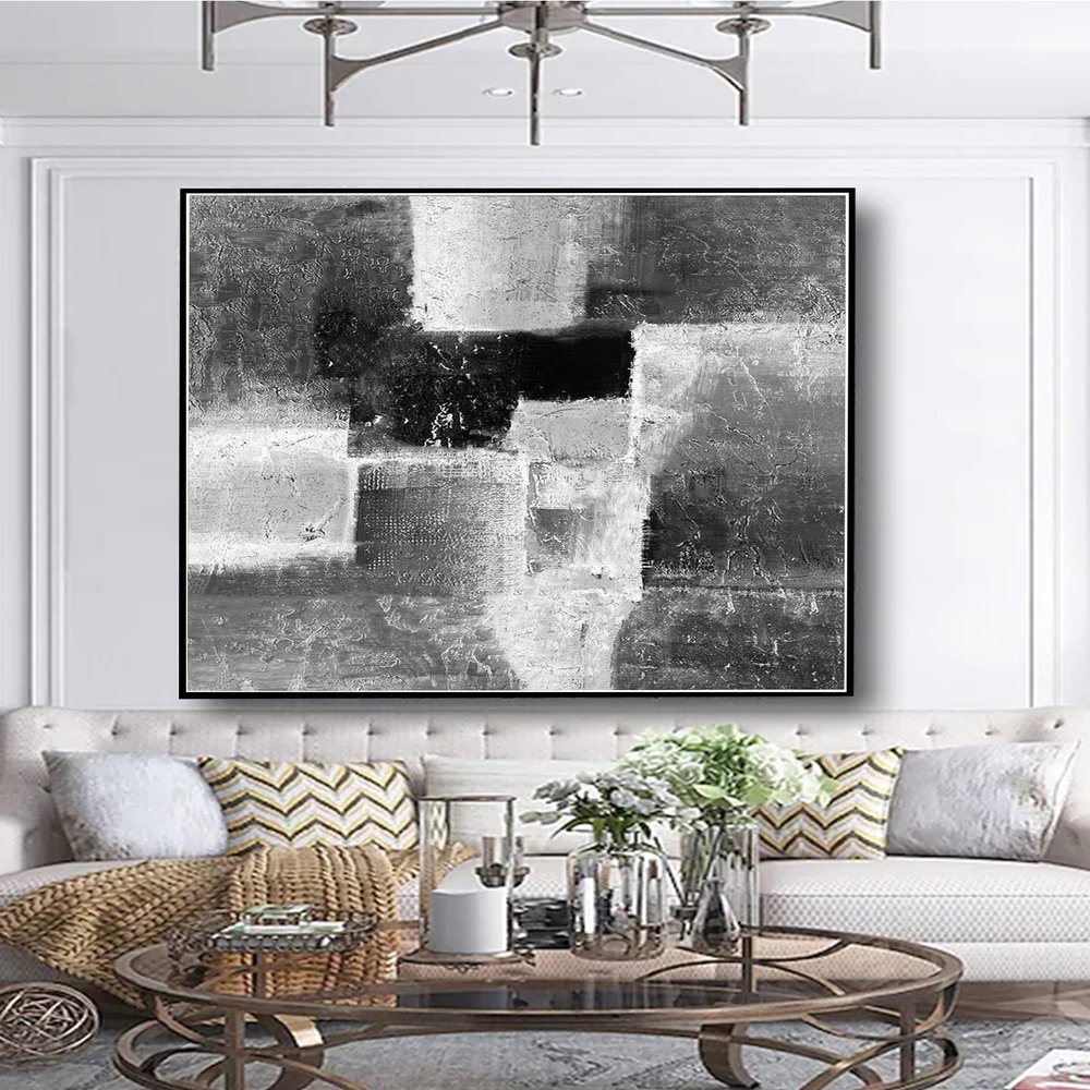 100% Hand Painted Black And White Large Knife Oil Painting Abstract On Canvas Modern Home Decor For Living Room 36x36 inches