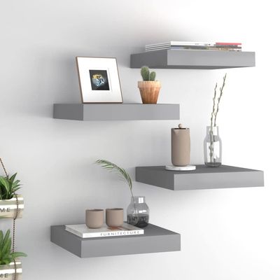 FAMIROSA 4PCS Floating Wall Shelves, Gray Wall Mounted Shelves with Invisible Brackets for Bedroom Living Room Bathroom Kitchen, Shelves for Wall Decor Storage, 9.1" x 9.3" x 1.5"