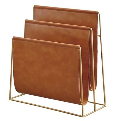 Modern PU Leather Magazine Holder Living Room Metal Newspaper Rack Sofa-Side Newspaper Stand Bedroom Magazine Rack Office Book and Newspaper Storage Rack (Color : Brown, Size : 33 * 25 * 18CM)