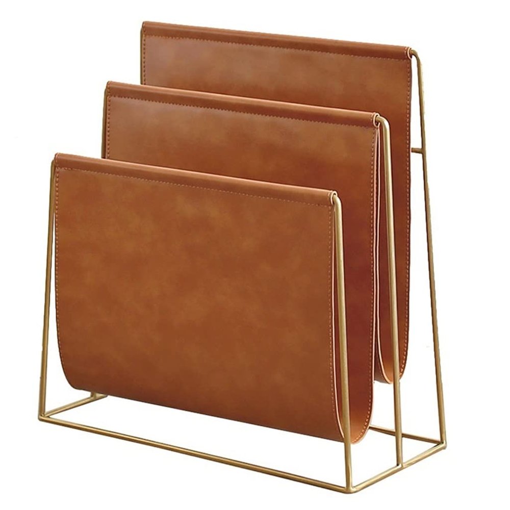 Modern PU Leather Magazine Holder Living Room Metal Newspaper Rack Sofa-Side Newspaper Stand Bedroom Magazine Rack Office Book and Newspaper Storage Rack (Color : Brown, Size : 33 * 25 * 18CM)