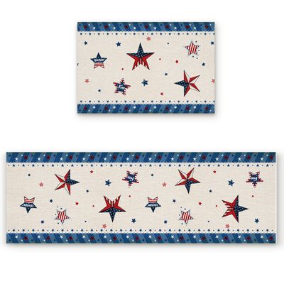 American Falg Kitchen Rugs and Mats Set of 2, Washable Cushioned Floor Mats Patriotic Star Vintage Burlap Backdrop Anti Fatigue Kitchen Runner Non Slip Mat for Sink, Laundry 18x30+18x47