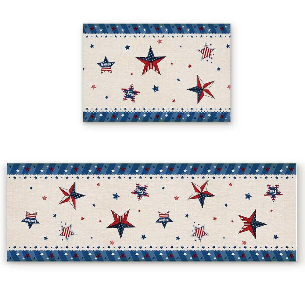 American Falg Kitchen Rugs and Mats Set of 2, Washable Cushioned Floor Mats Patriotic Star Vintage Burlap Backdrop Anti Fatigue Kitchen Runner Non Slip Mat for Sink, Laundry 18x30+18x47