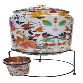 Copper Dispenser White Printed 8 Litre Copper Water Dispenser (Matka) & Glass 300 Ml With Stand. Container Pot with 100% Pure Copper and Ayurvedic Health Benefits (8000 ml)